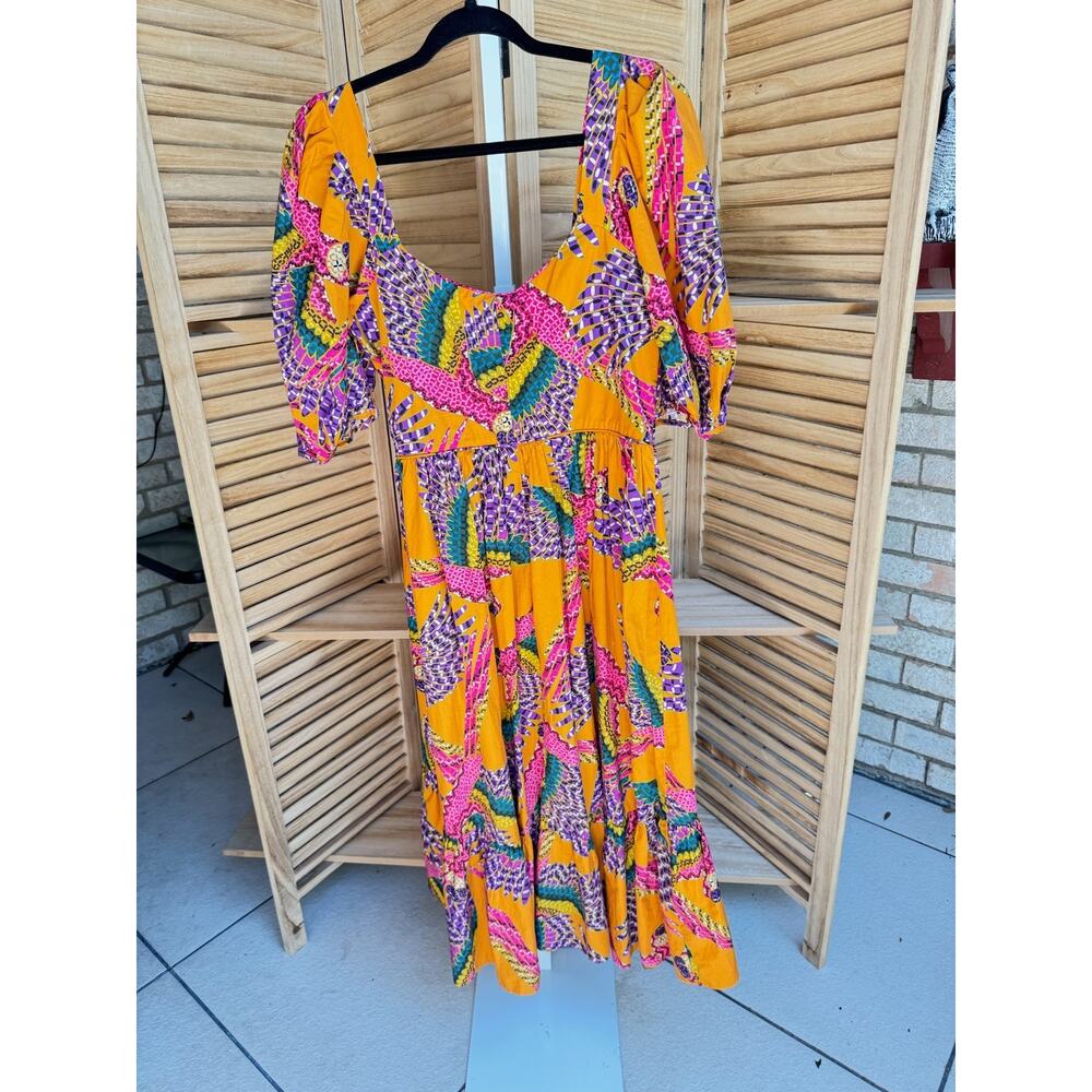 FARM Rio Macaws Yellow Pink Purple Printed Puff-Sleeve Midi Maxi Dress - Picture 5 of 5